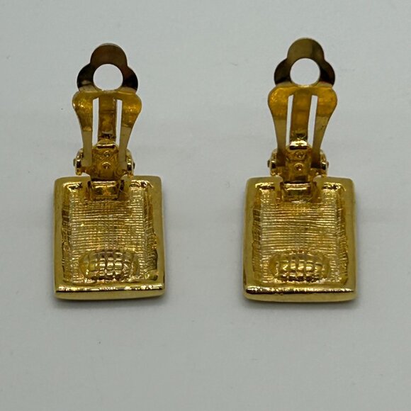 Vintage Gold & Black  Earrings Enamel Greek Key Clip-On 1980s Designer Statement - Picture 14 of 14